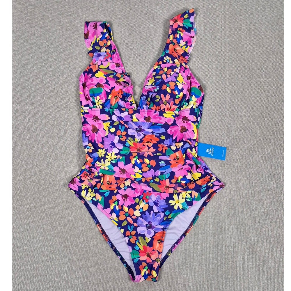 Cupshe Floral Ruffle V-Neck Tummy Control One Piece Swimsuit Purple Size L - Picture 3 of 11